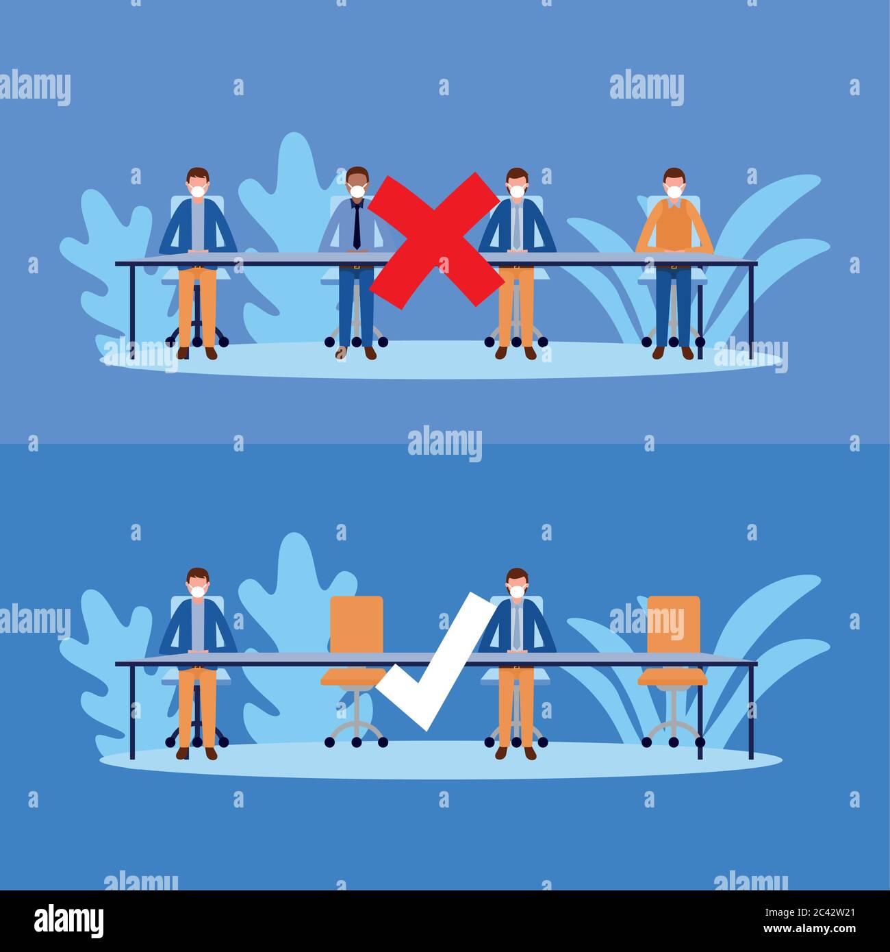Office distancing between men with masks on table design of Covid 19 ...