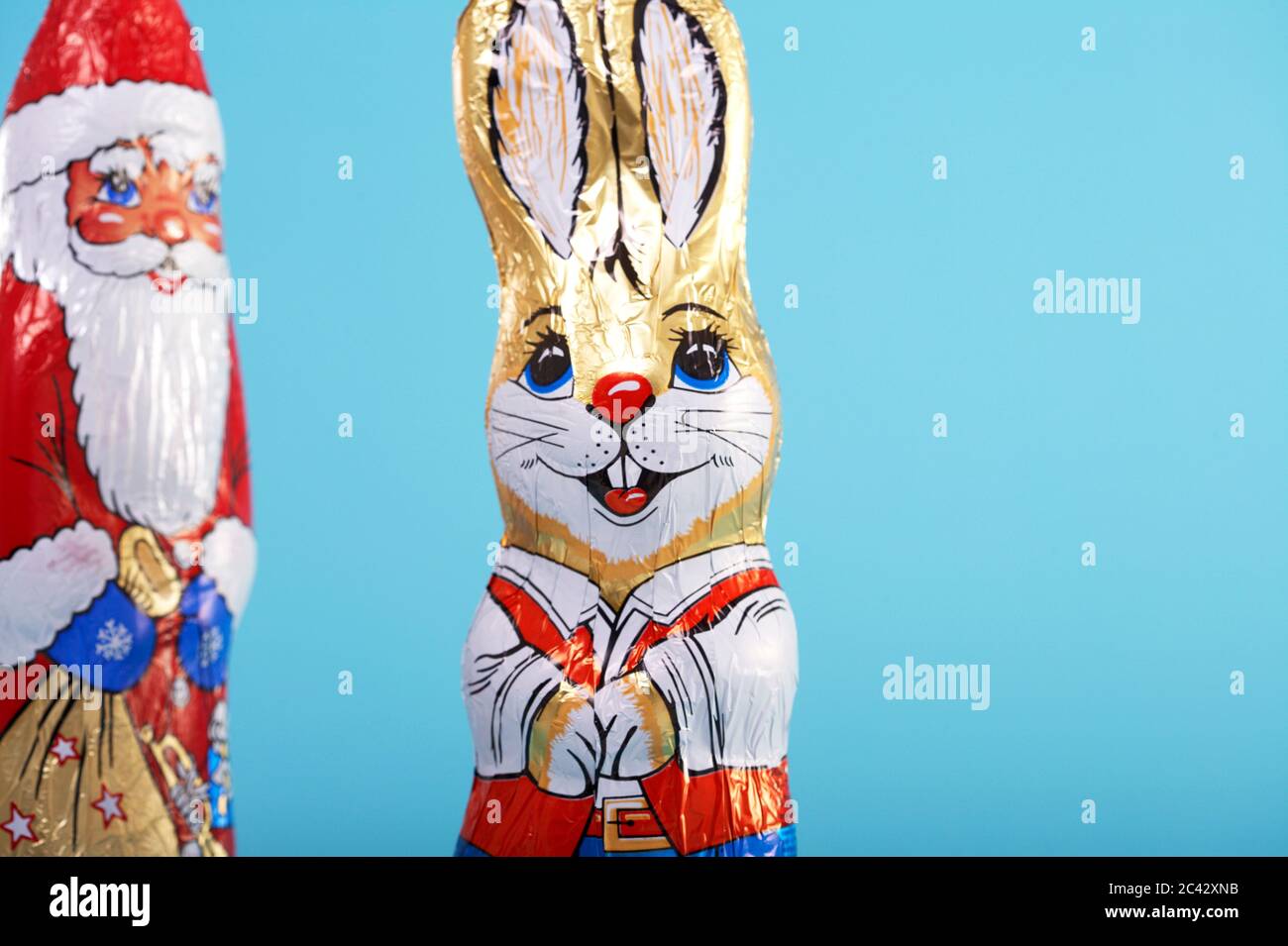 Chocolate Easter bunny and Nicholas contrasts Stock Photo Alamy
