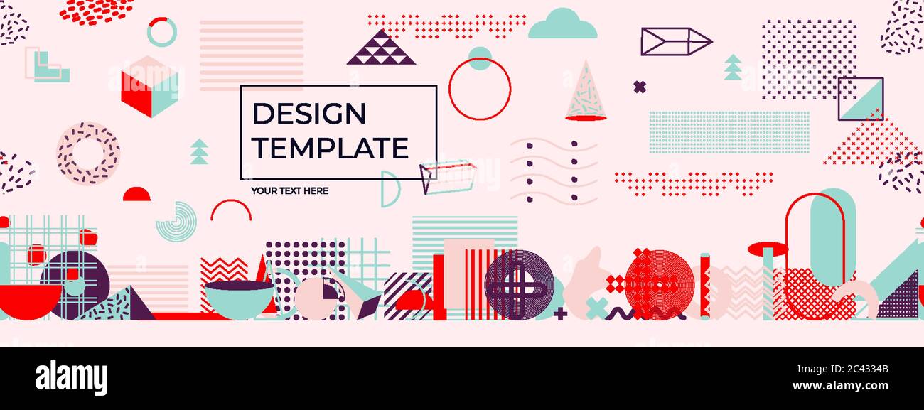 Memphis seamless border design retro style elements. Set of colorful geometric shapes.Trendy halftone for magazine, billboard, web poster, banner, leaflet. Funky 90s trend pattern. Vector illustration Stock Vector