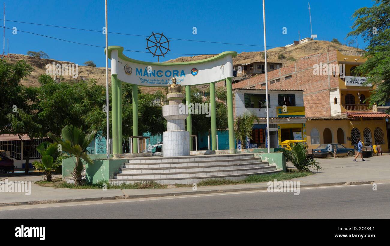 Mancora, Piura / Peru - April 10 2019: View of the monument dedicated to Miguel Grau in the town of Mancora Stock Photo