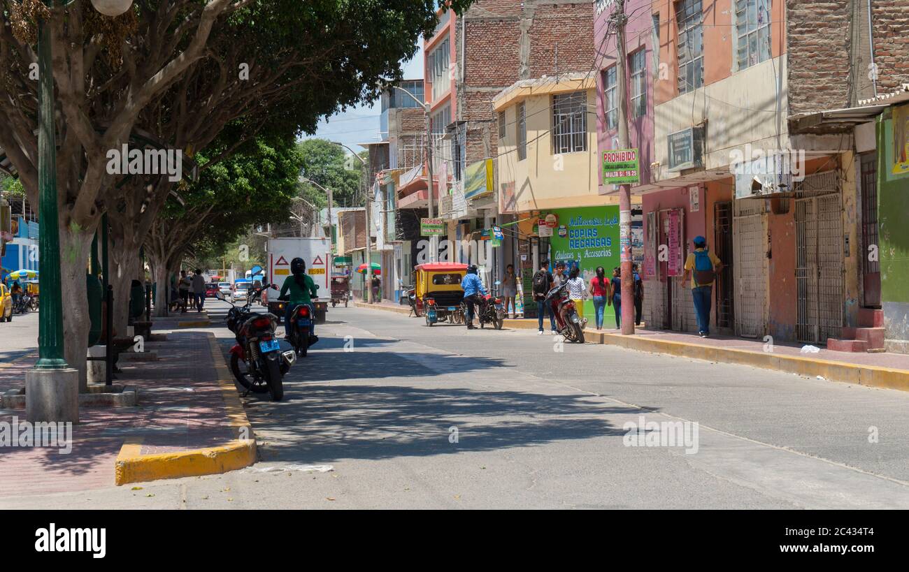 Catacaos, Piura / Peru - April 6 2019: Daily activity on the main avenue of the town of Catacaos Stock Photo