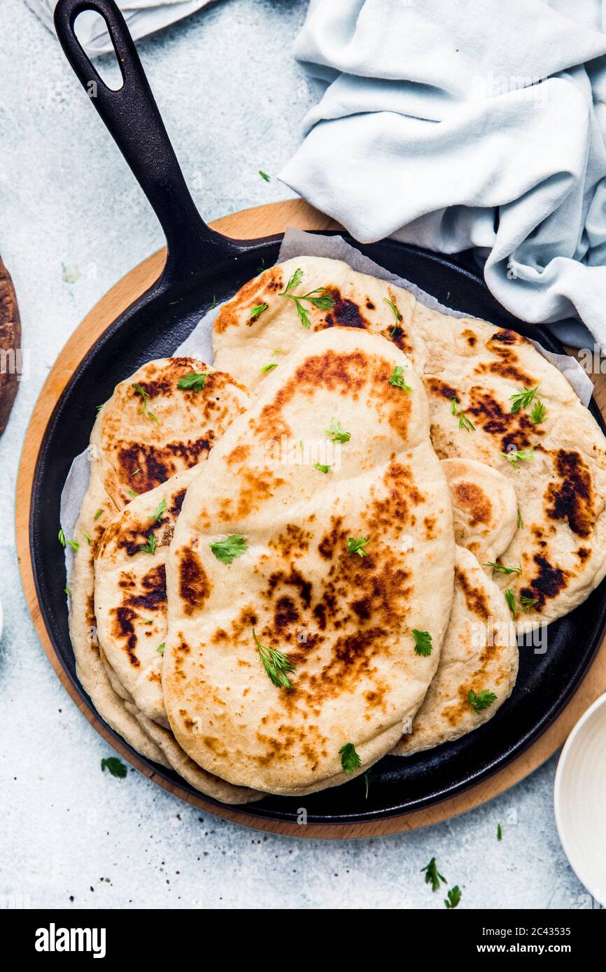 Homemade Naan Flatbread made with flour,yeast, oil, yogurt, salt