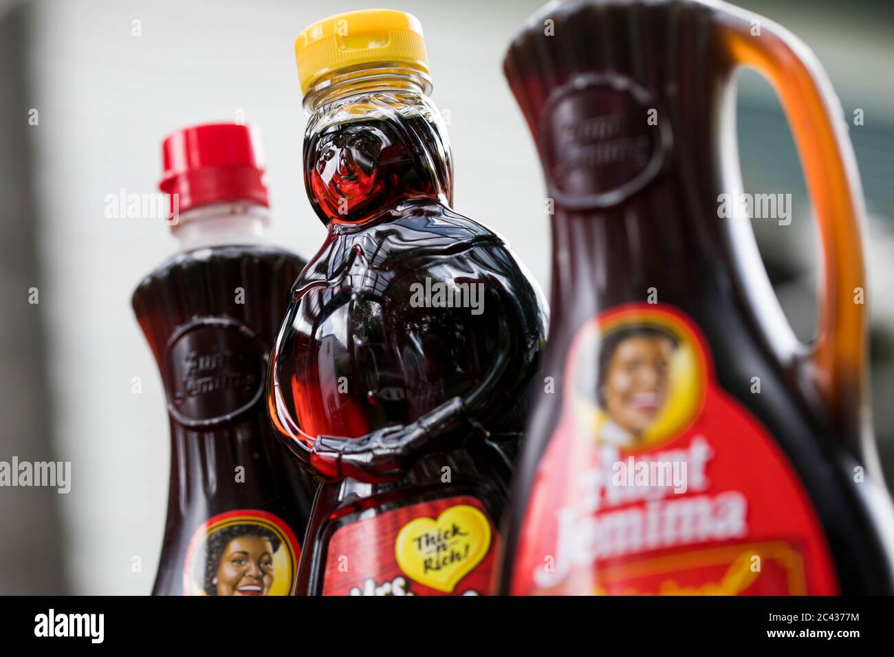 Bottles of Aunt Jemima and Mrs. Butterworth's syrup. Stock Photo