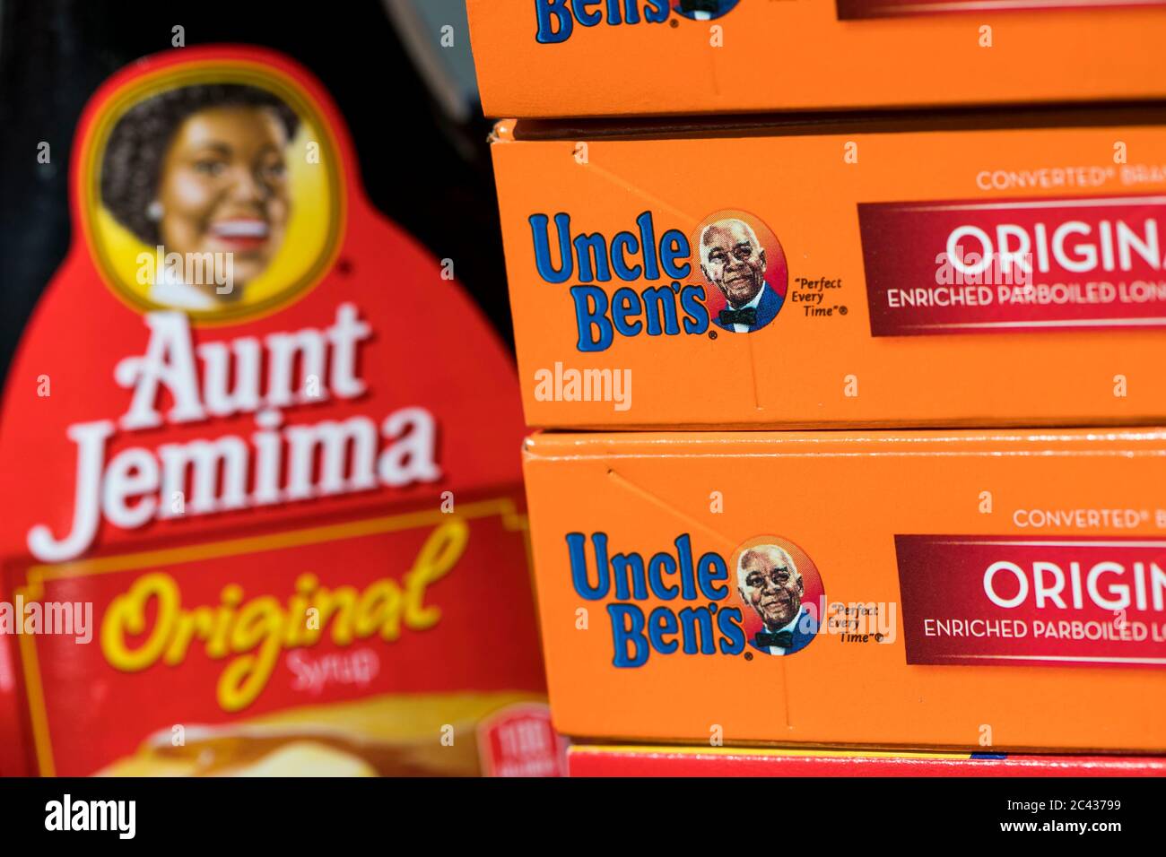 Bottles of Aunt Jemima syrup and Uncle Ben's rice products. Stock Photo