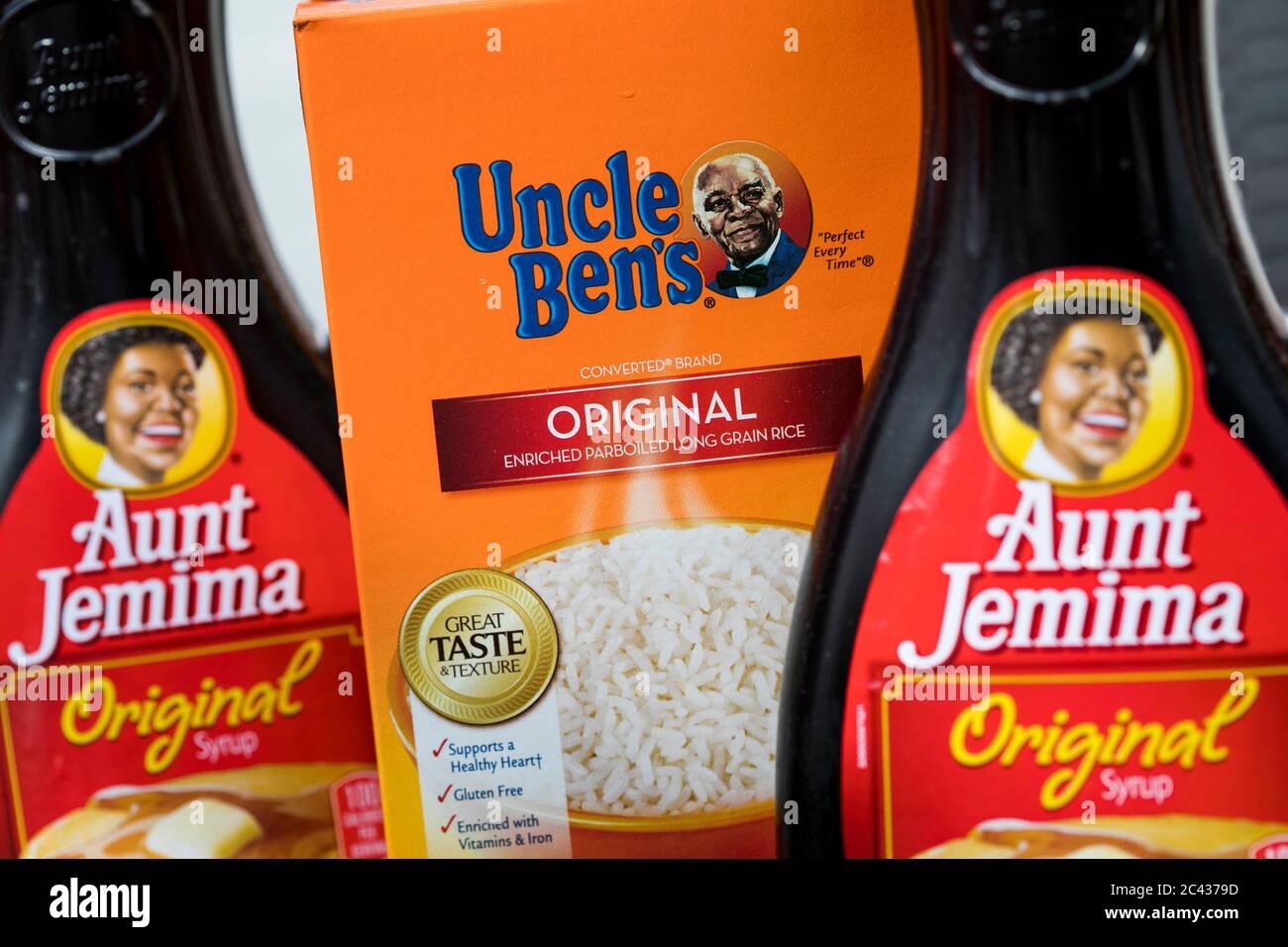 Bottles of Aunt Jemima syrup and Uncle Ben's rice products Stock Photo