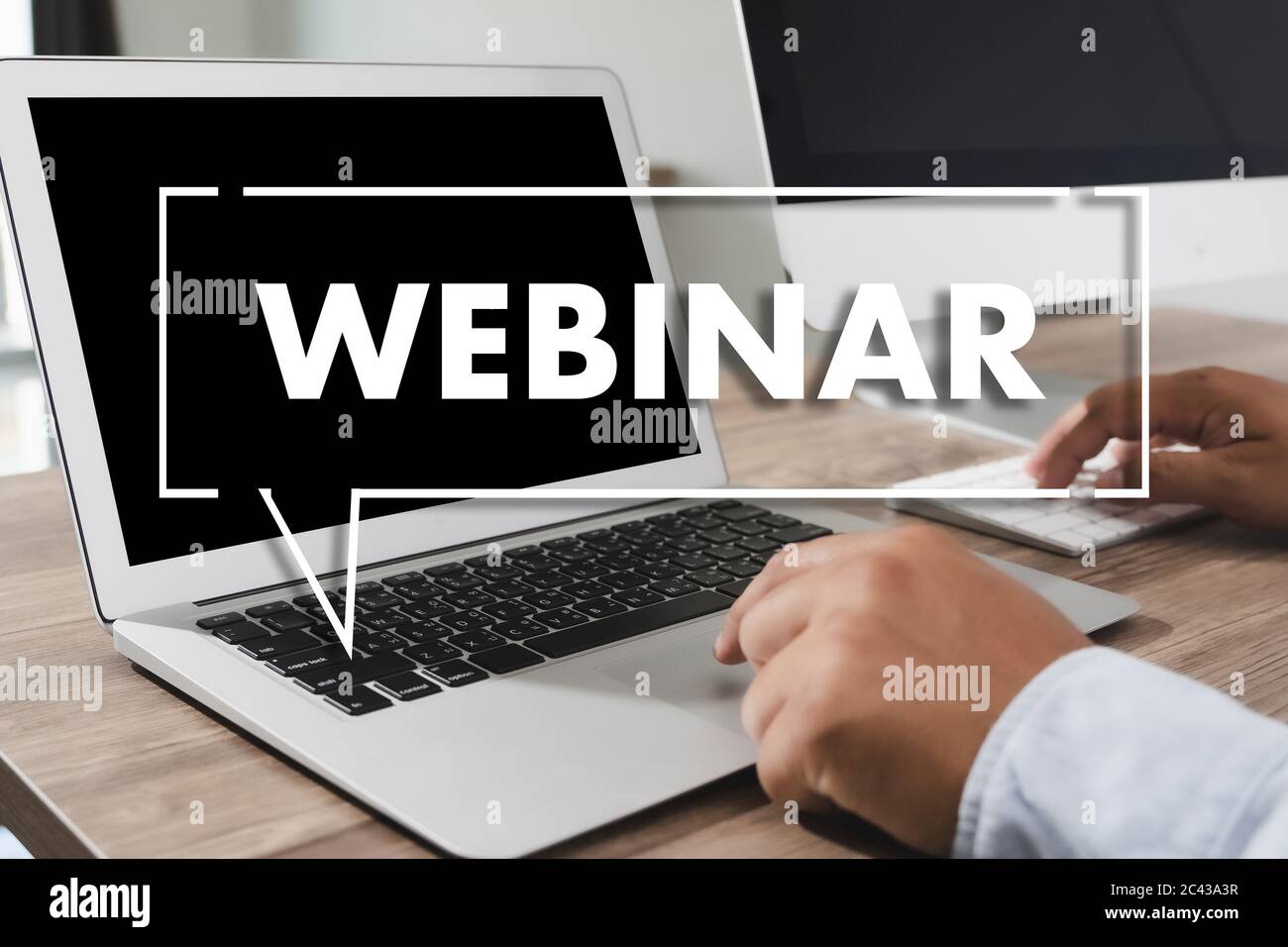 WEBINAR hand on table use E-business Browsing Connection in computer, coffee break in classroom to use cloud communication Stock Photo