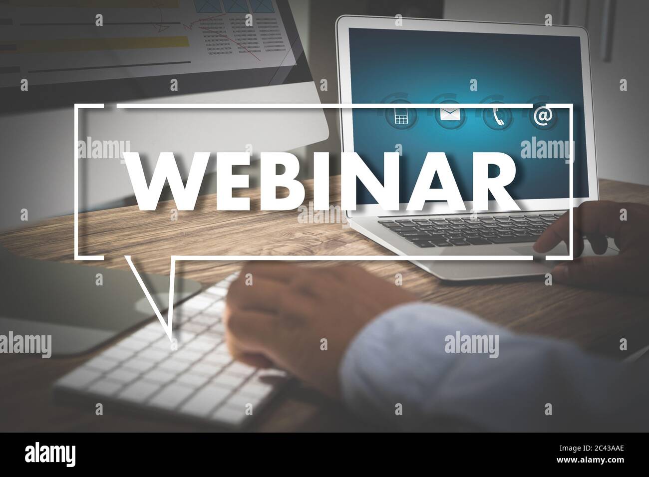 WEBINAR hand on table use E-business Browsing Connection in computer, coffee break in classroom to use cloud communication Stock Photo