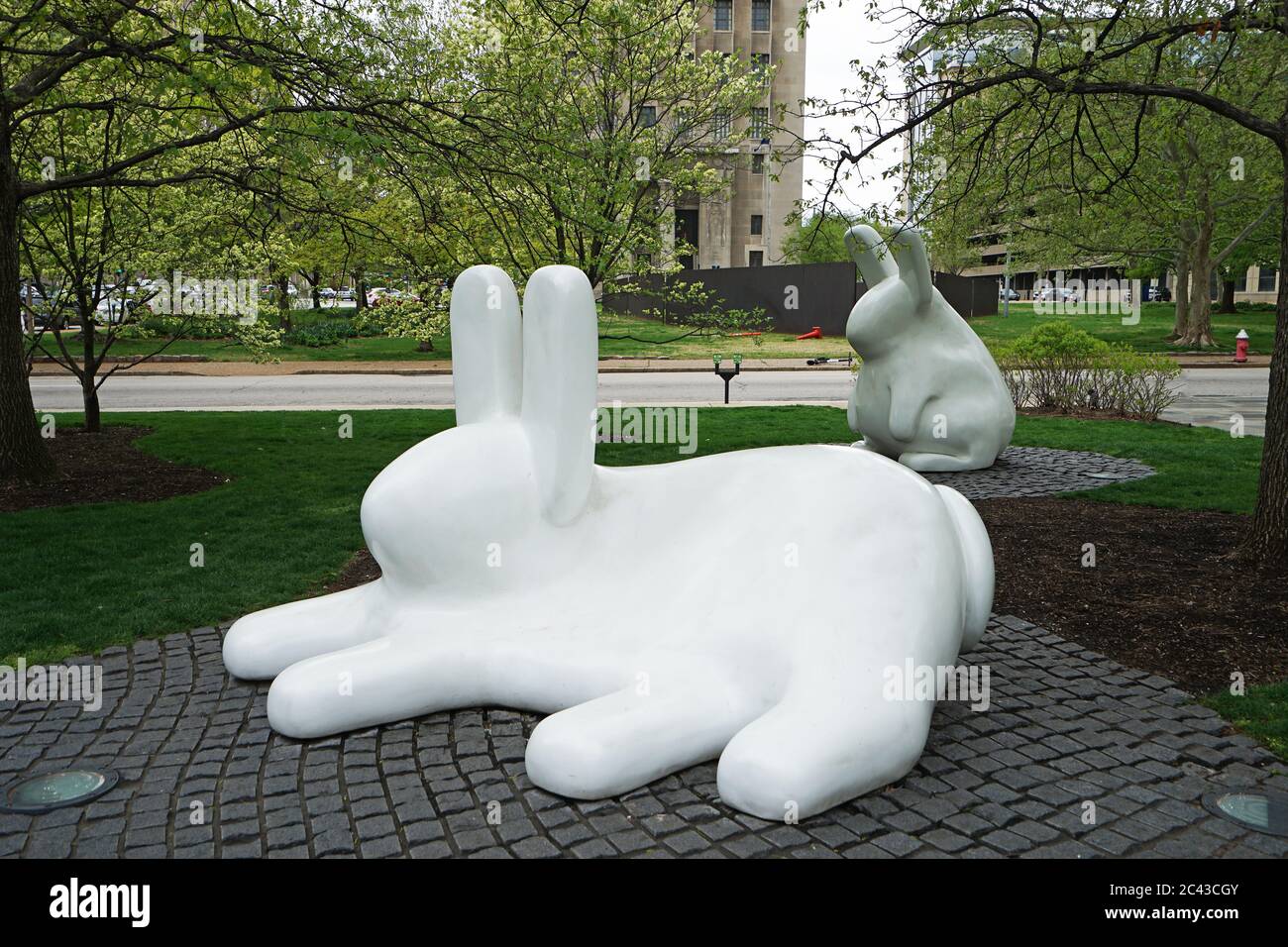 Exterior architecture and white bunny rabbit sculpture design at 'SAINT