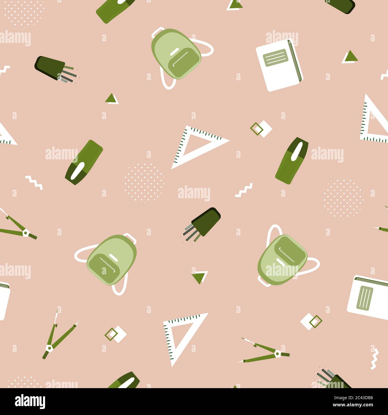 Seamless pattern with various school supplies on a beige background ...