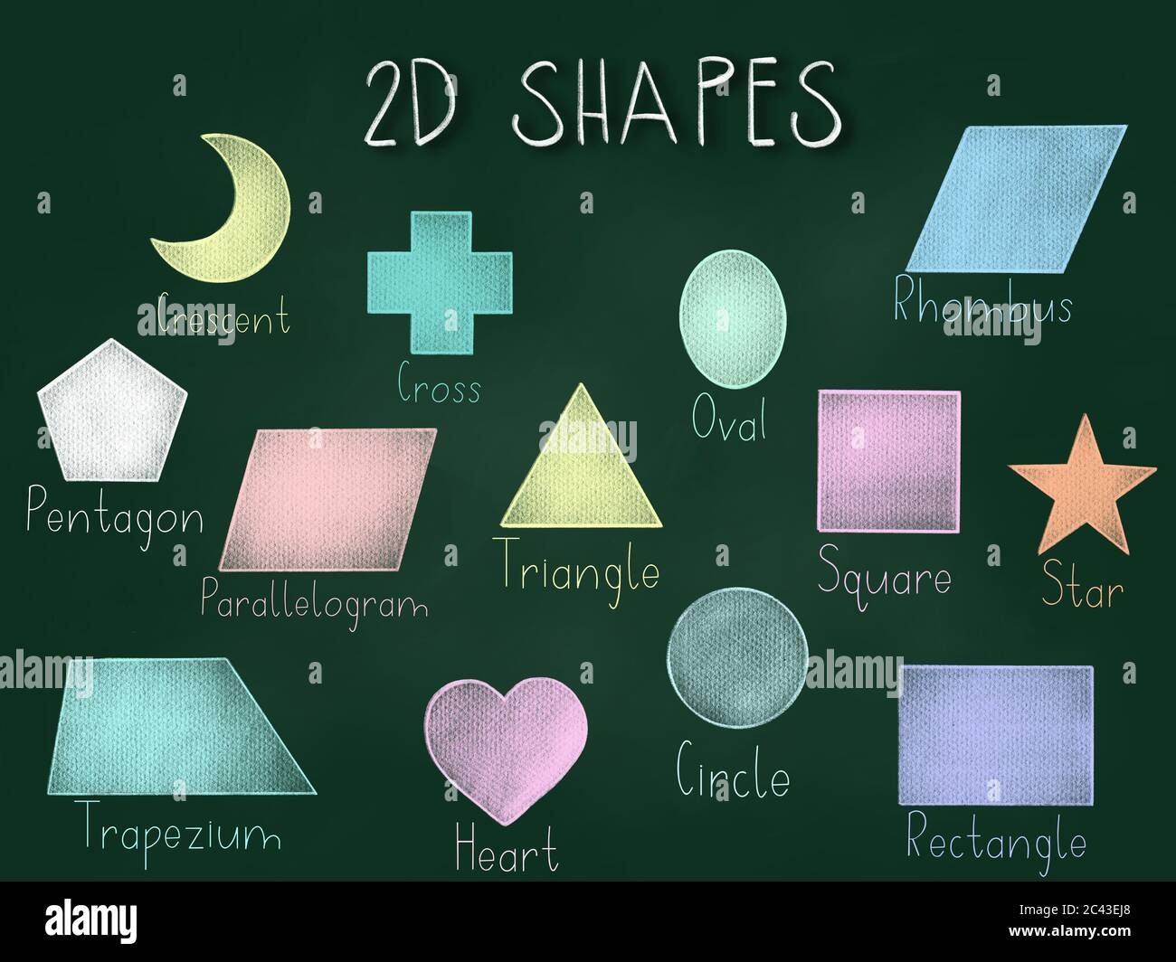 2d shapes colourful chalk drawing on a chalkboard, square, rectangle, circle, pentagon, rhombus, parallelogram, triangle, oval, crescent, cross, star Stock Photo