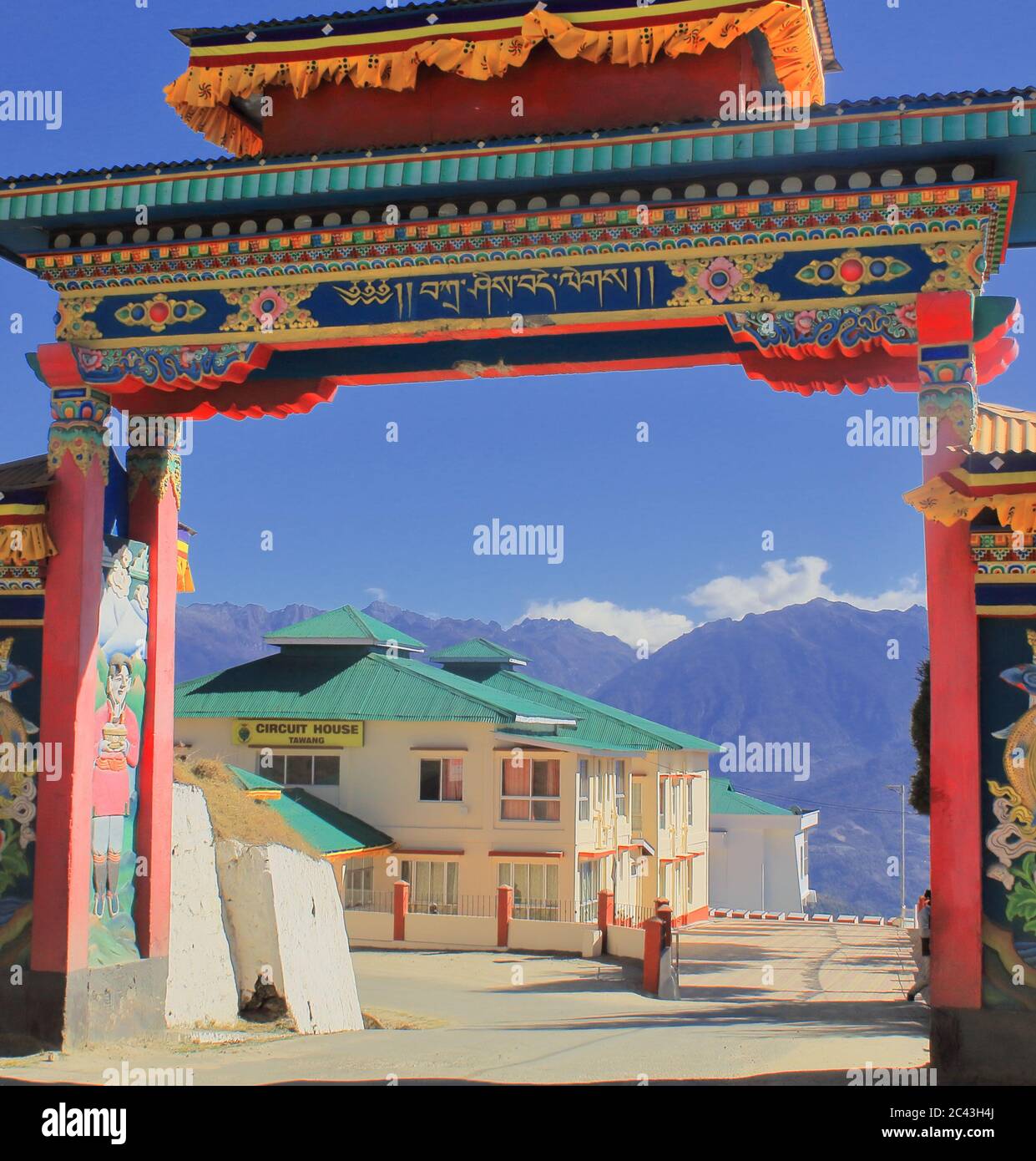 beautiful view of tawang circuit house with blue sky and himalaya in