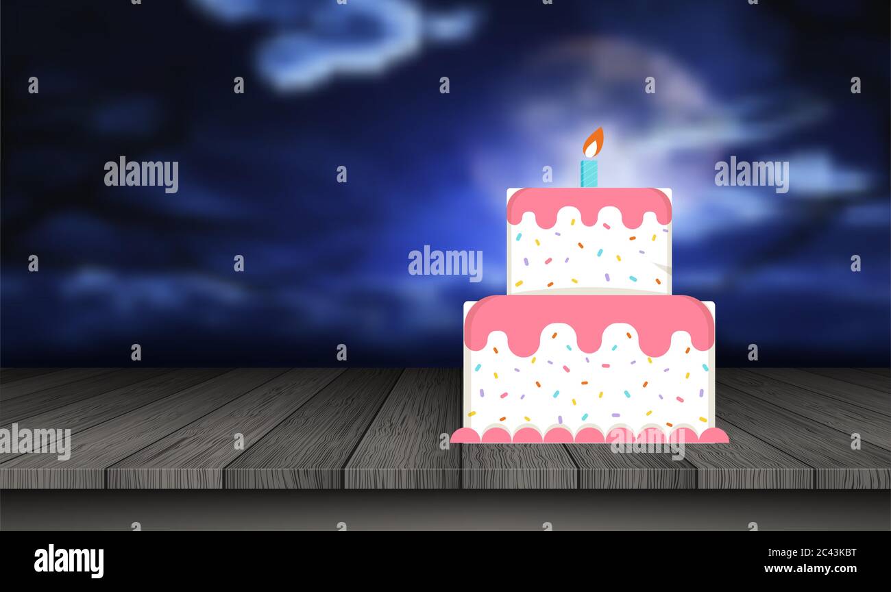 birthday cake is placed on the table at night Stock Vector