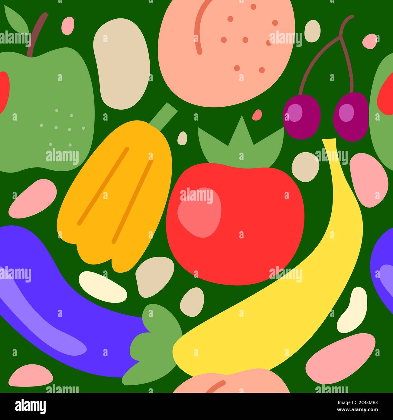 Fruit and vegetables seamless pattern, fruit doodles background, freehand style Stock Vector