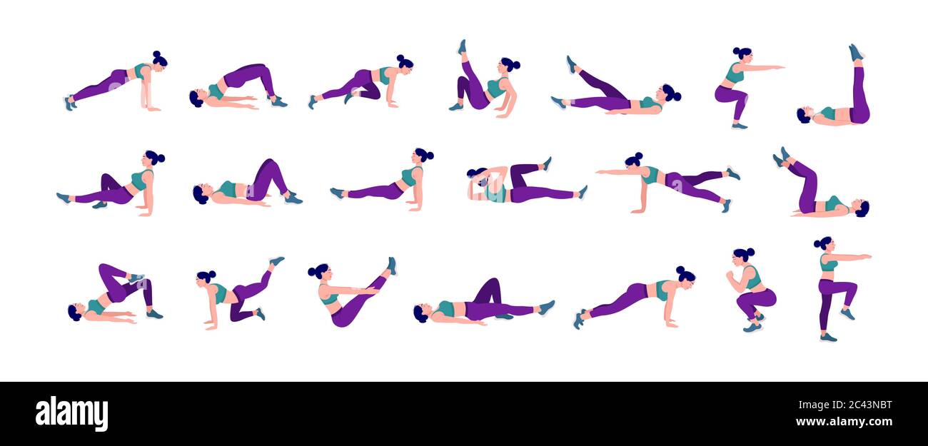 Women Workout Set. Women Doing Fitness And Yoga Exercises. Lunges