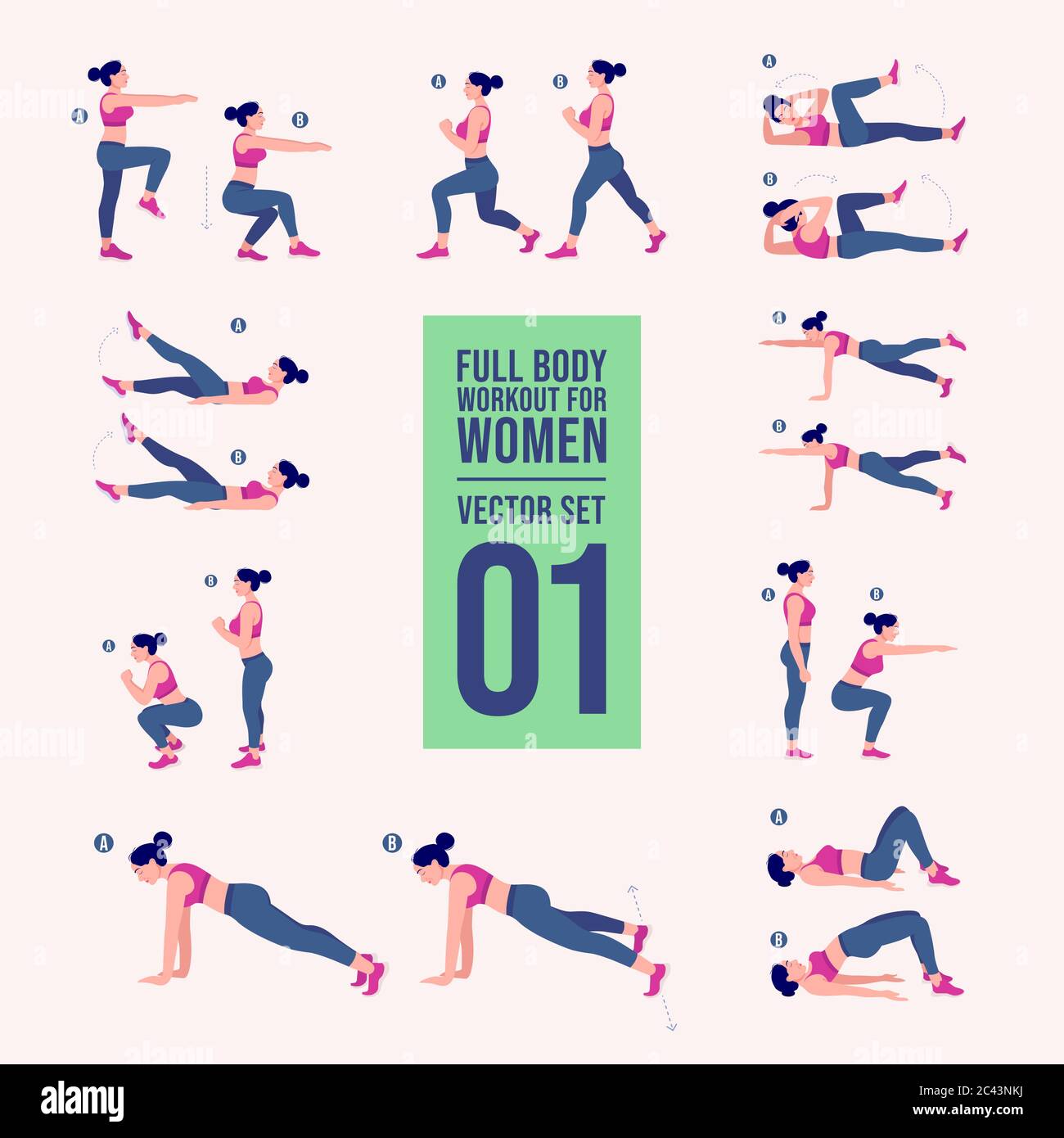 Full body workout set. Exercise for woman. Illustration about life