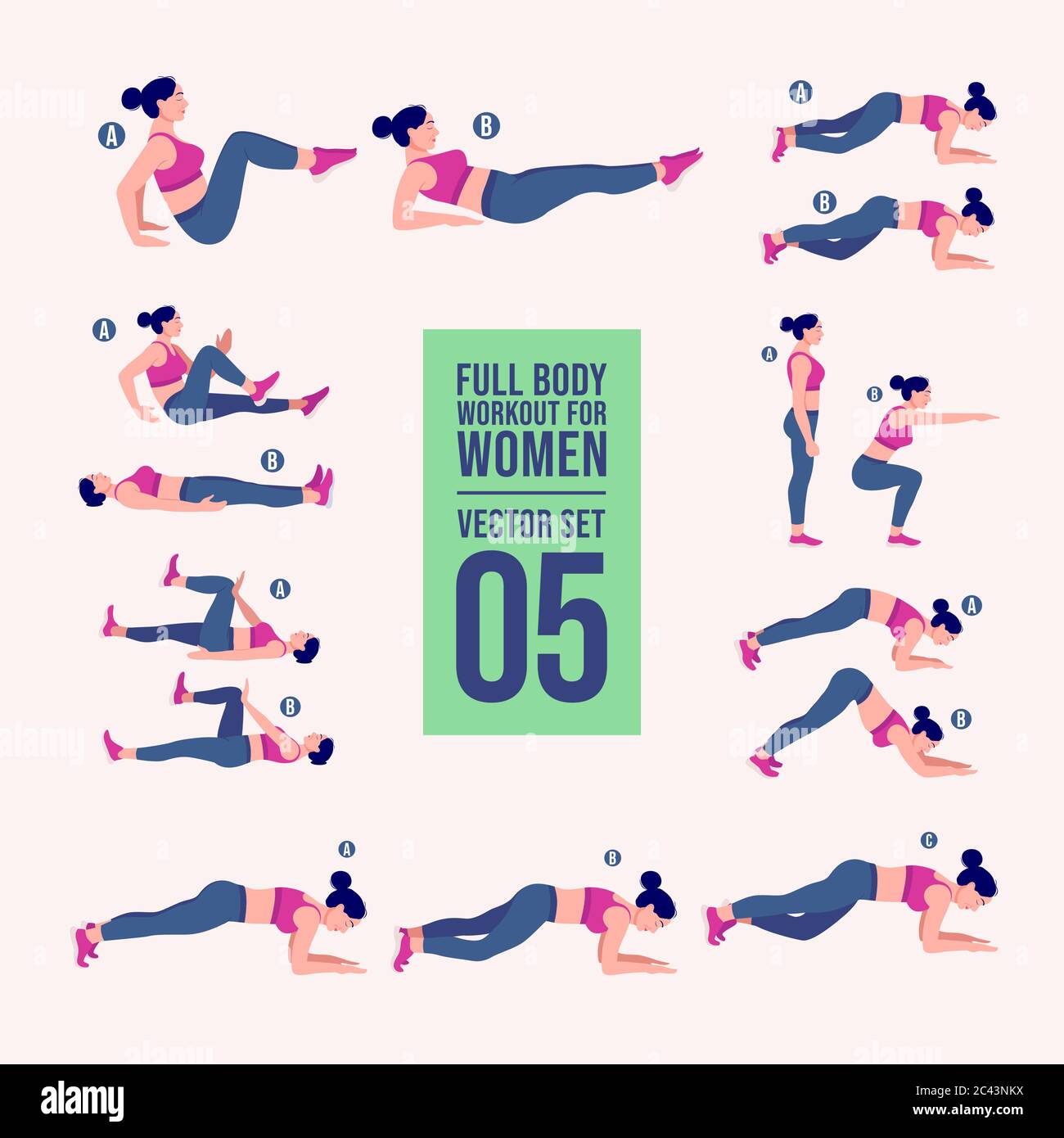 Woman full body workout fitness, aerobic and exercises set. Vector