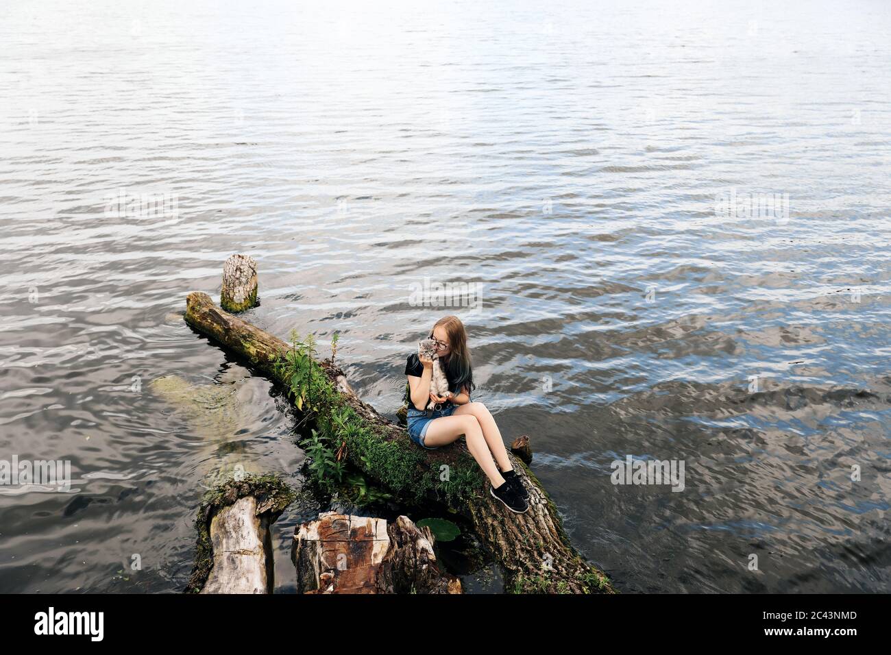 Young blonde woman with blue hair, wearing glasses, denim shorts and a black T-shirt. Sitting on a floating tree near the lake with a three-month-old Stock Photo