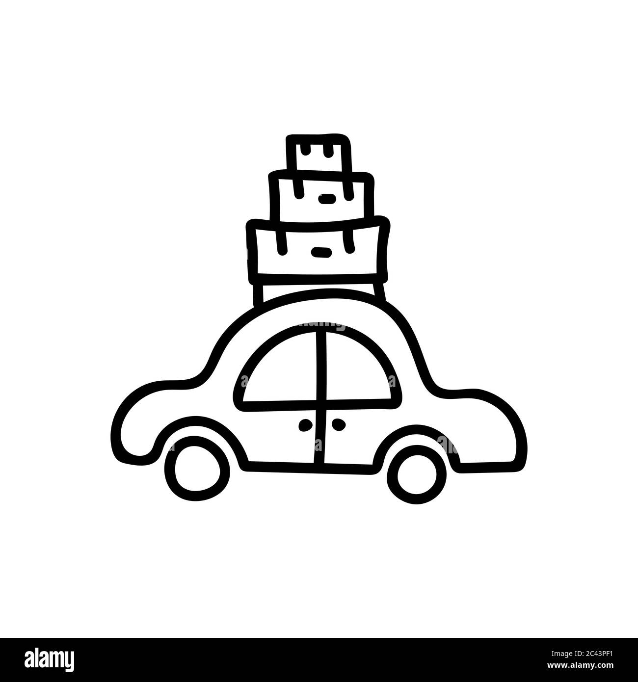 Car with suitcases on top of it. Hand drawn icon isolated on white