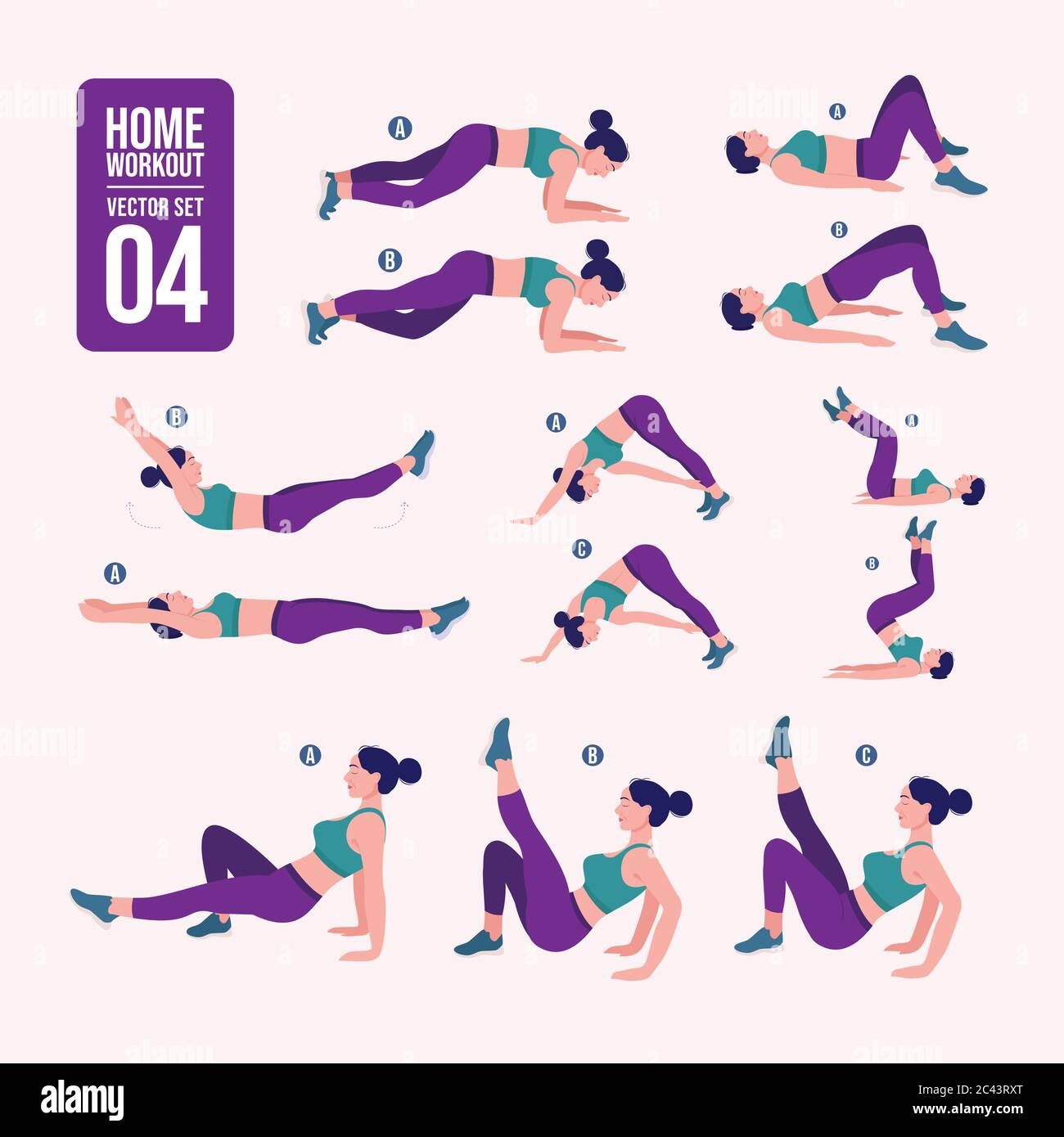 Home Workout girl set. Woman doing fitness and yoga exercises. Lunges and squats plank and abc. Full body workout Stock Vector Image Art Alamy