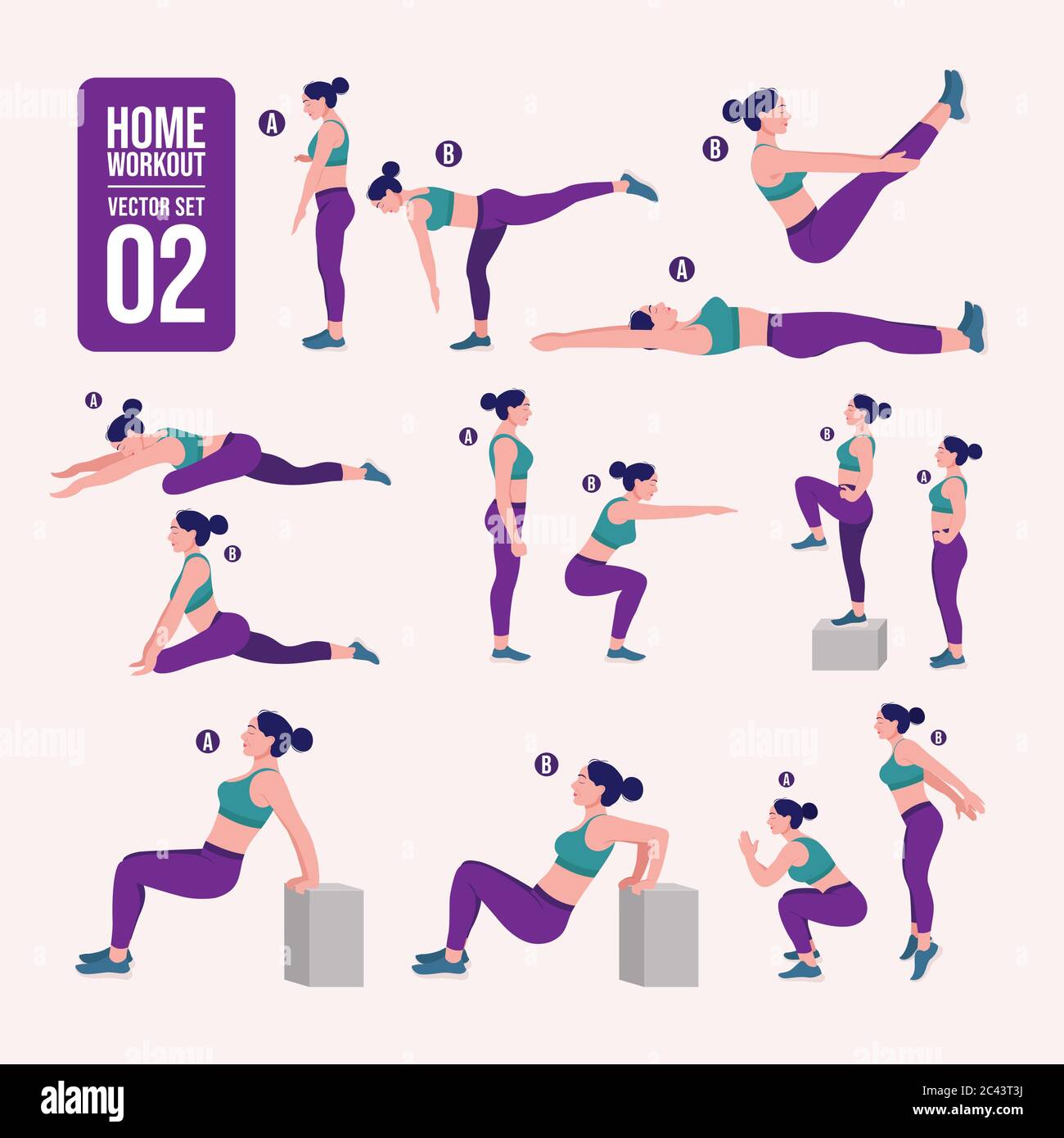 Home Workout girl set. Woman doing fitness and yoga exercises