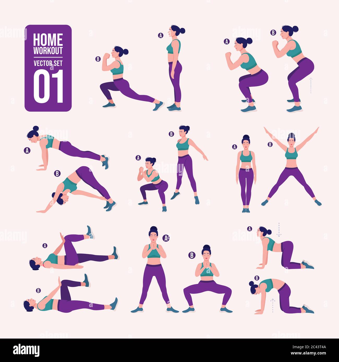 Home Workout girl set. Woman doing fitness and yoga exercises. Lunges and squats plank and abc. Full body workout Stock Vector Image Art Alamy