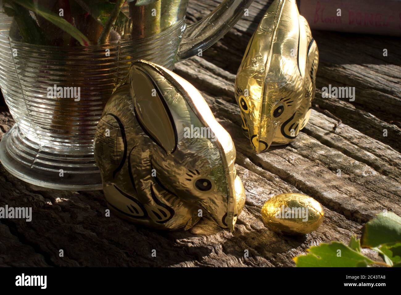 Two chocolate Easter bunnies and egg Stock Photo Alamy