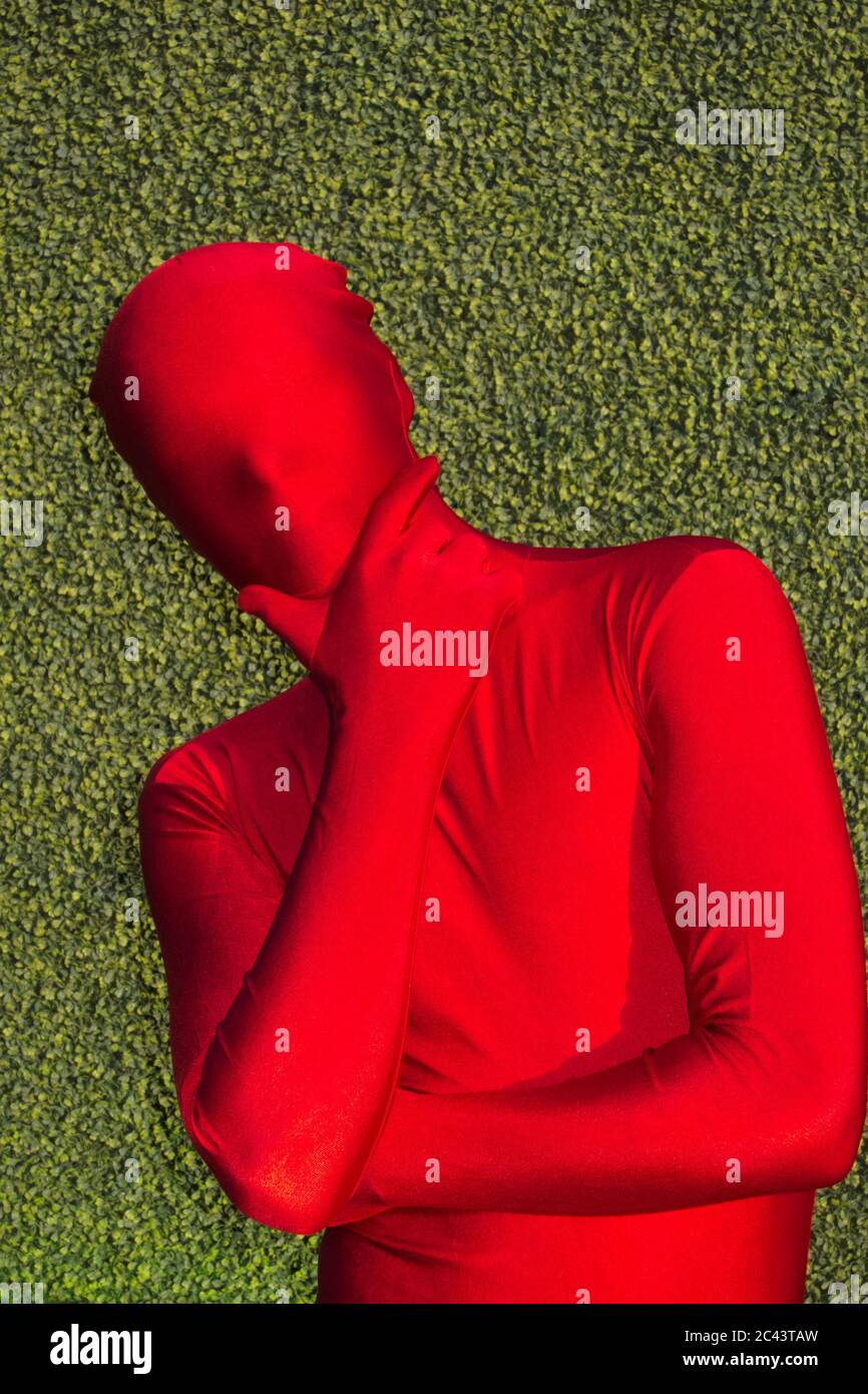 Man in a red zentai in front of a green hedge Stock Photo