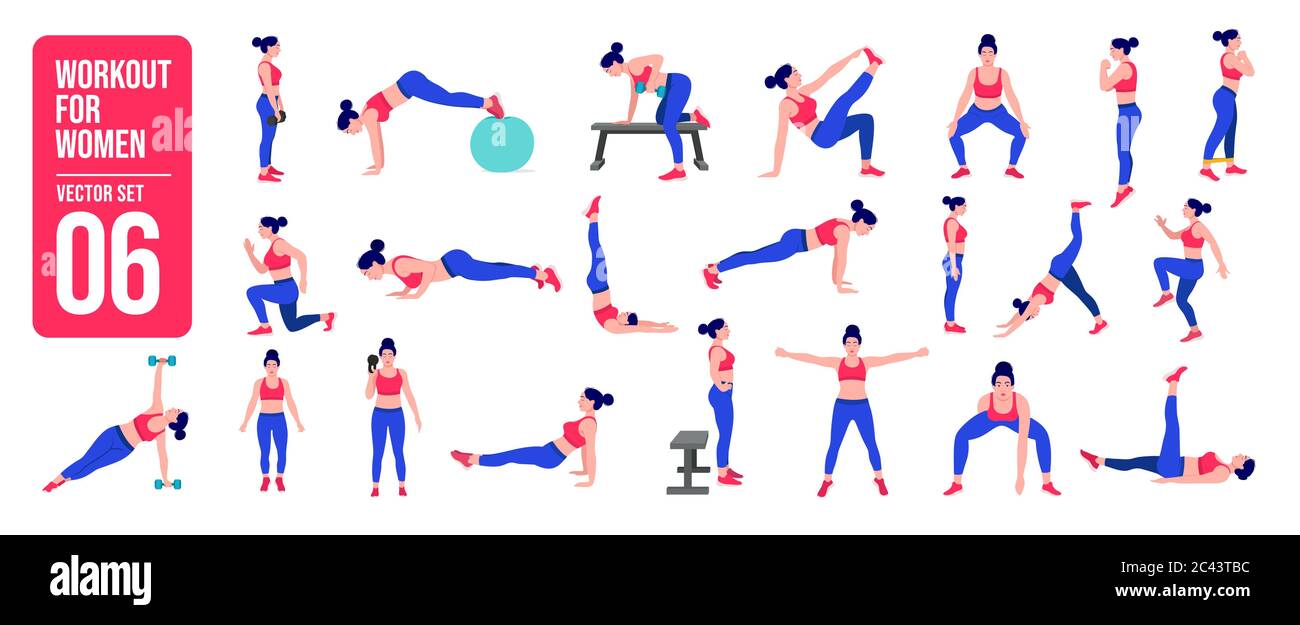 Workout girl set. Woman doing fitness and yoga exercises. Lunges and squats plank and abc. Full body workout Stock Vector Image Art Alamy