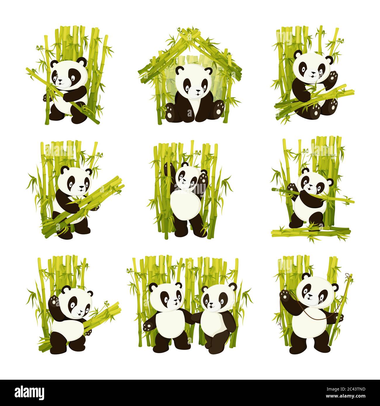 Set Of Cute Panda Bear Gathering Bamboo Stems Flat Vector Isolated Illustration Stock Vector 6544