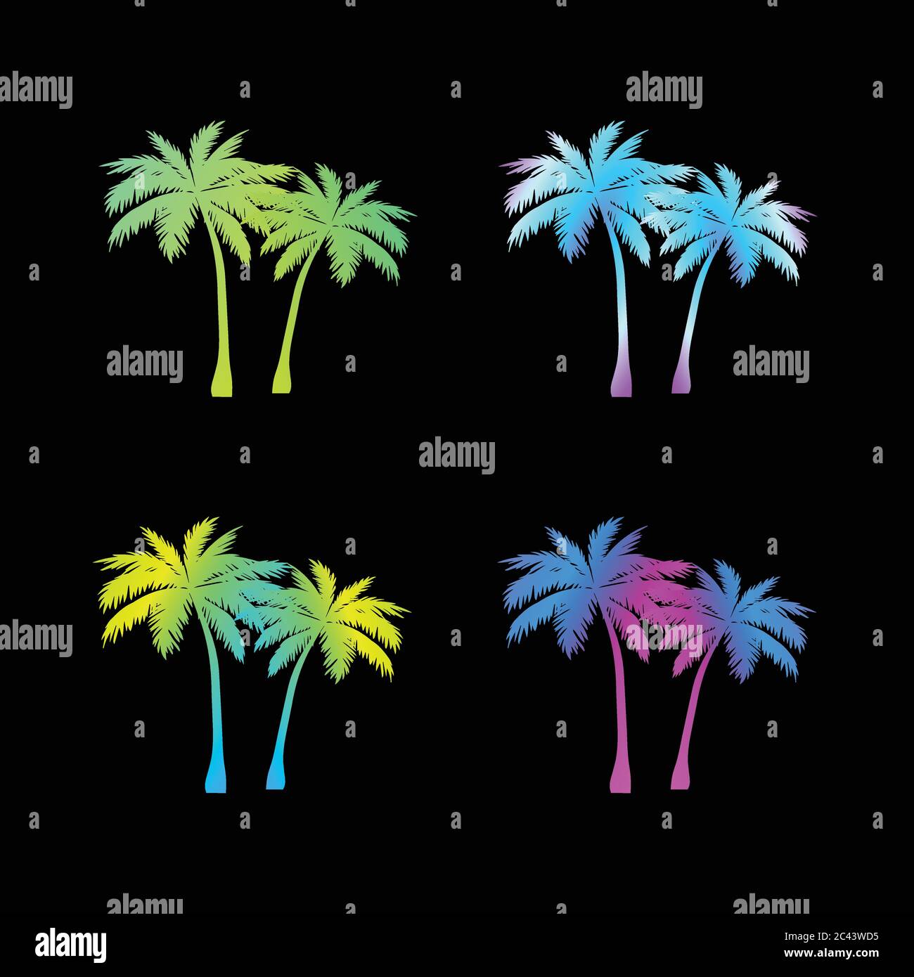 Big set neon rainbow gradient silhouette palm tree Stock Vector
