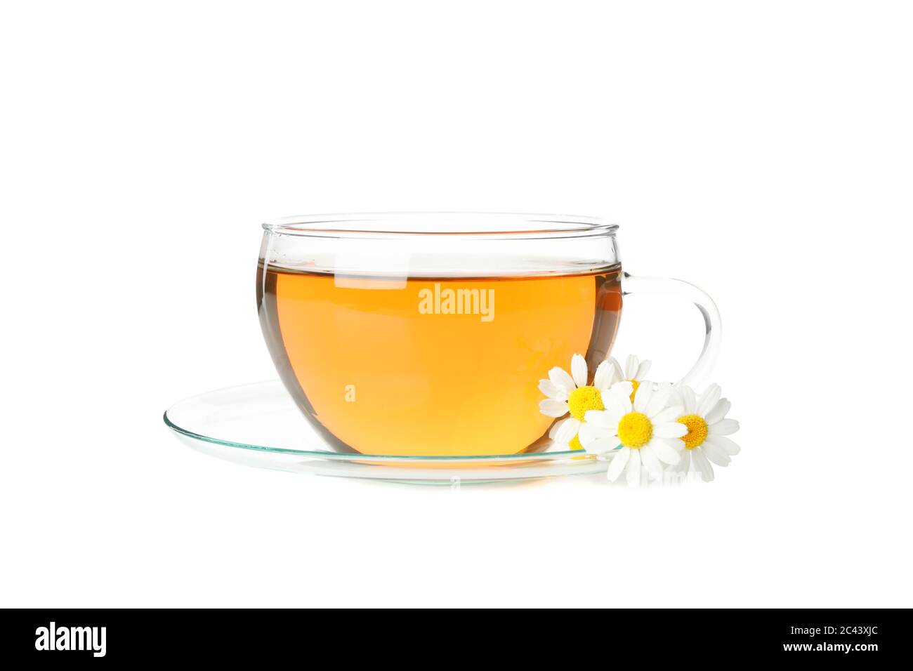 Glass cup of chamomile tea isolated on white background Stock Photo - Alamy