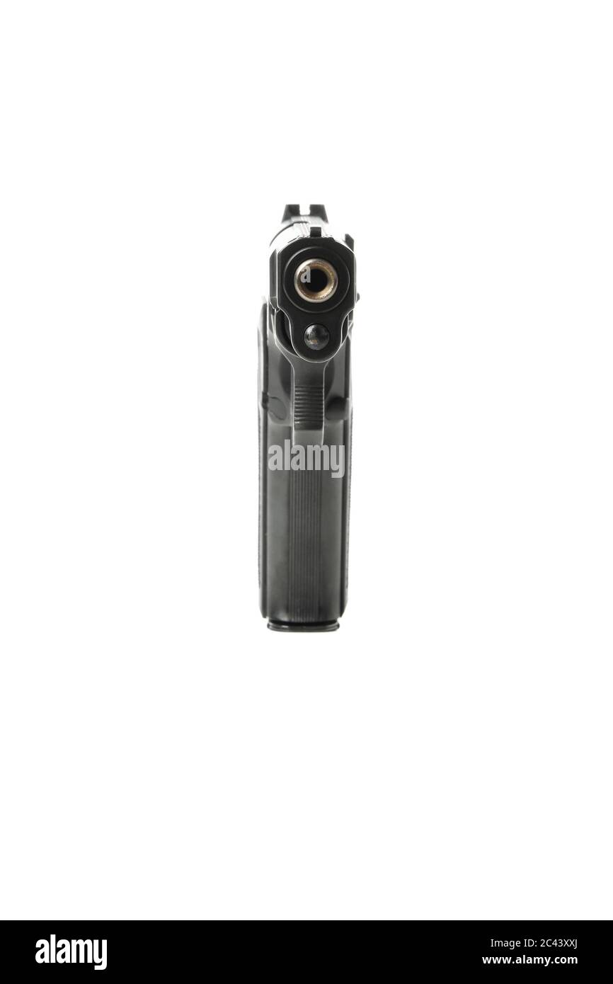 Black traumatic gun isolated on white background Stock Photo