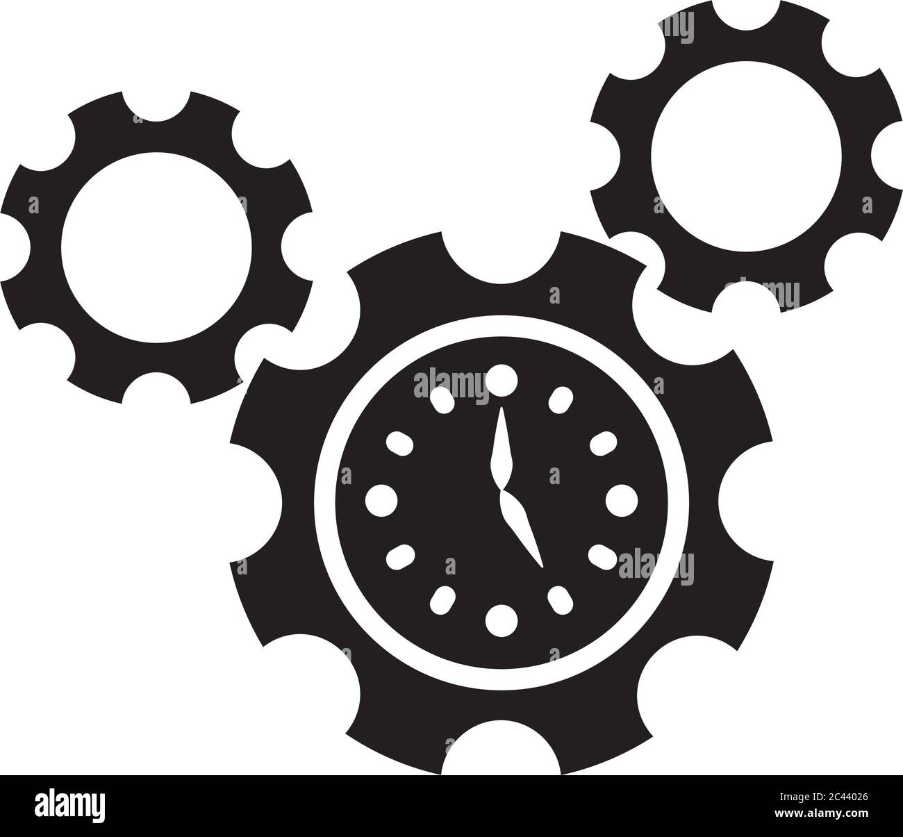 gear wheels with clock icon over white background, silhouette style