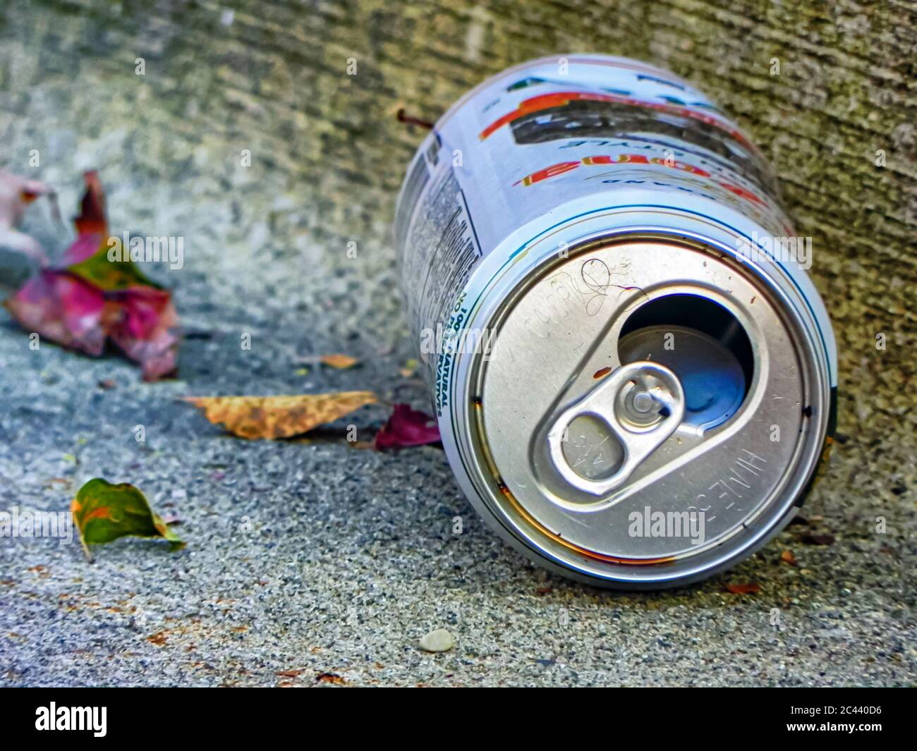 An empty beer can lies discarded on the side of the road. Littering! Stock Photo