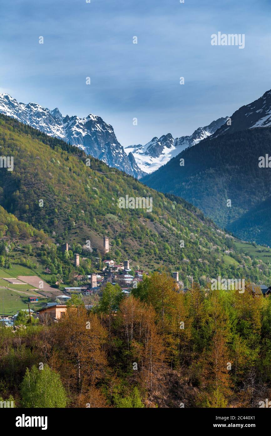 Georgia, Svaneti, Mestia, Medieval village in Caucasus Mountains Stock Photo