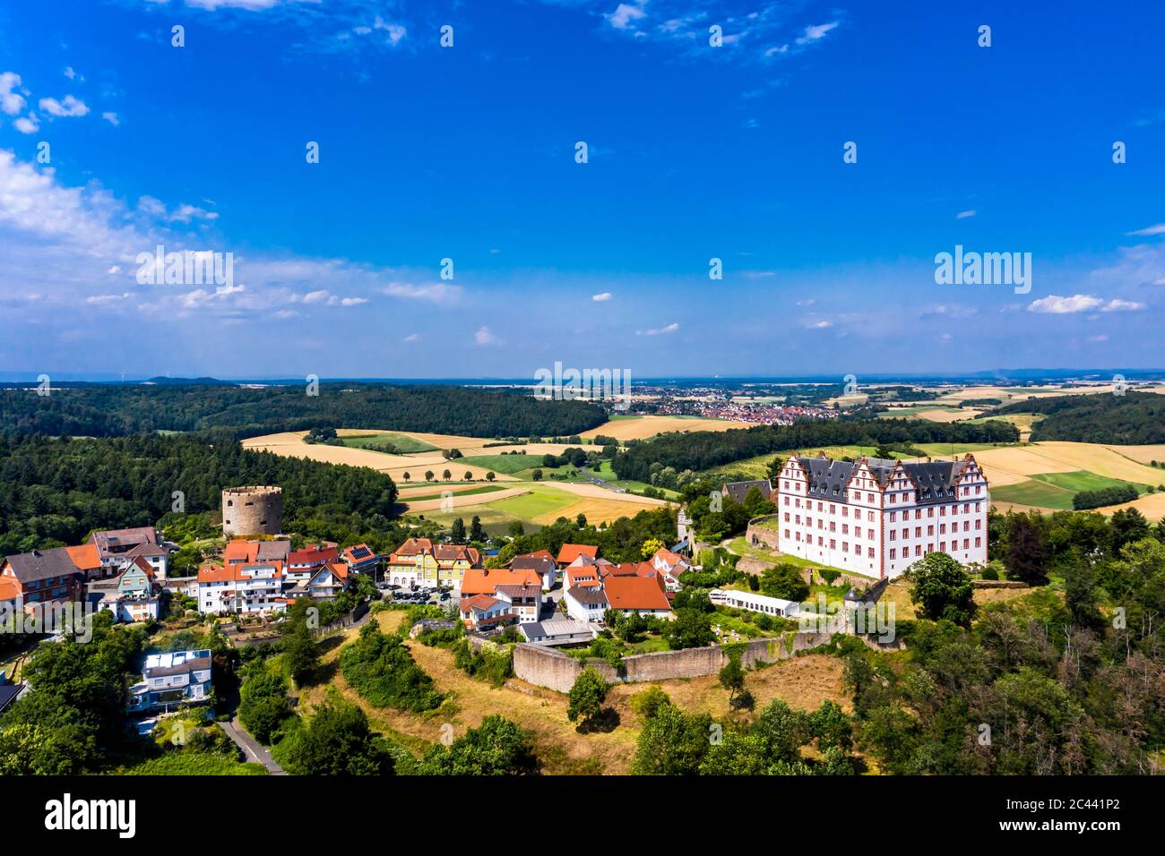 Germany, Hesse, Fischbachtal, Aerial view of Lichtenberg Castle and town Stock Photo