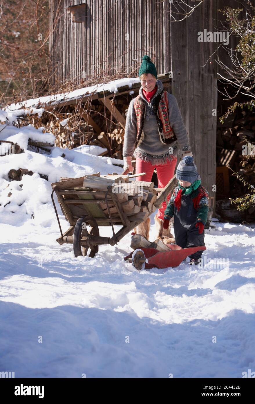 Mother and son with a wheelbarrow full of firewood in the snow Stock ...
