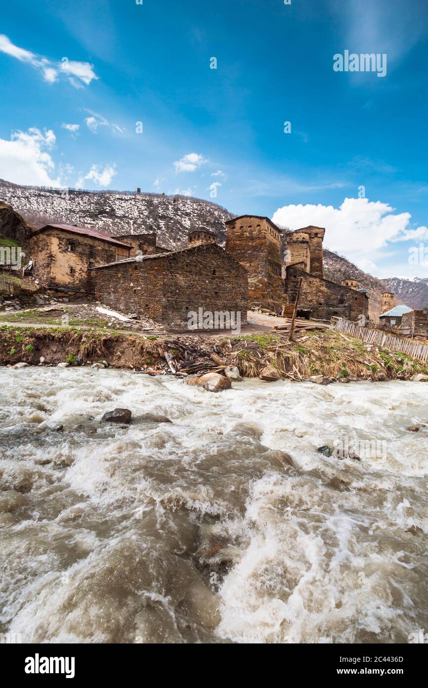 Georgia, Svaneti, Ushguli, Medieval village on bank of Enguri River Stock Photo