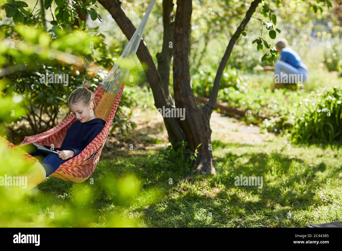 Girl in hammock reading a book Stock Photo - Alamy