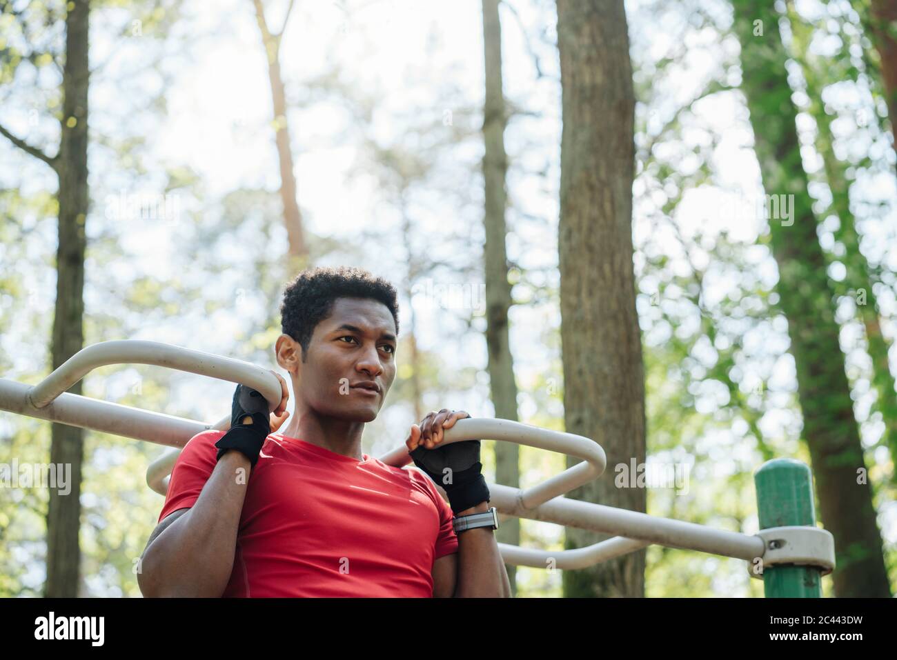 Sportsman exercising at climbing frame in the forest Stock Photo