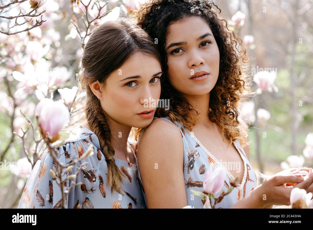 Loving sisters standing in park during springtime Stock Photo