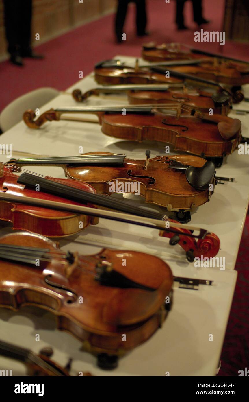 Several violins lie on a table Stock Photo