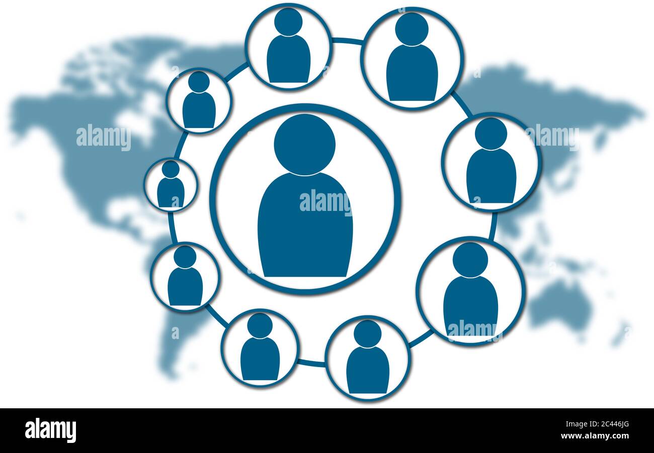 Social network on blue world map background, 3D rendering Stock Photo