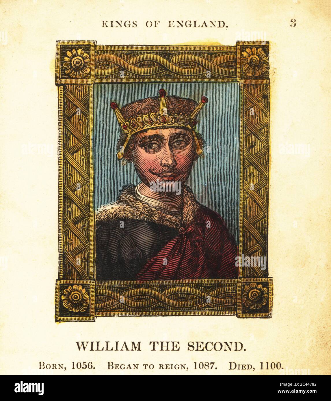 Portrait of King William II of England, born 1056, began reign 1087 and died 1100. In crown, fur-edged cape within ornate frame.  Handcolored engraving by Cosmo Armstrong from Portraits and Characters of the Kings of England, from William the Conqueror to George the Third, John Harris, London, 1830. Stock Photo