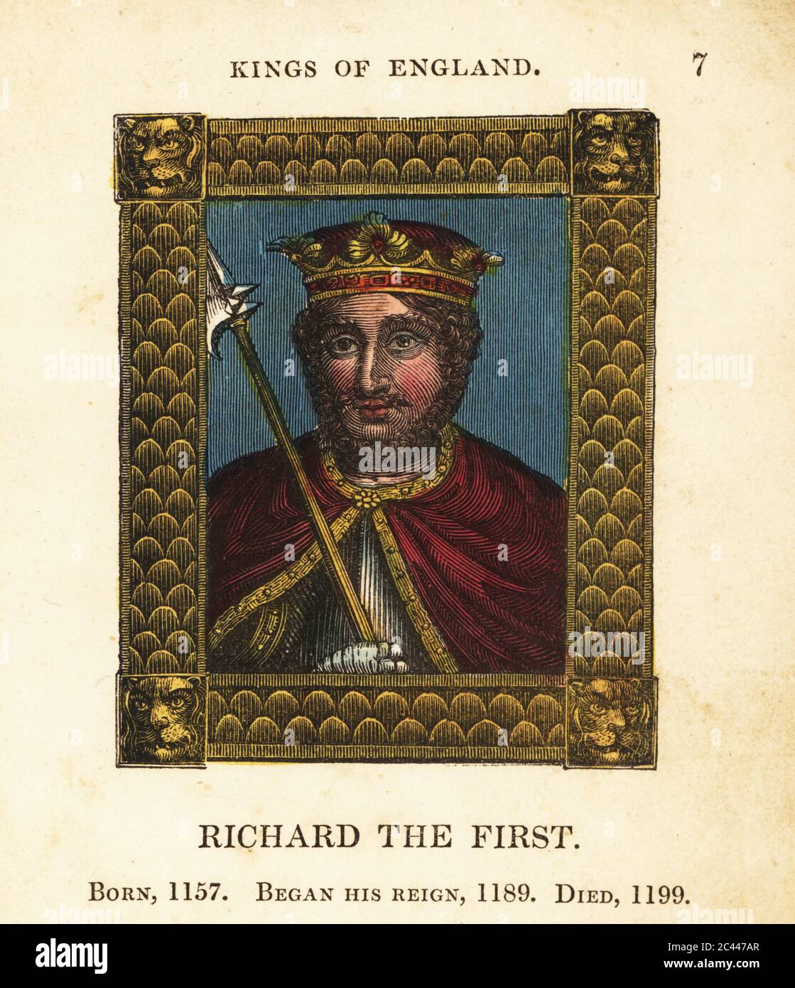 Portrait of King Richard the First, King Richard I the Lionheart of England, born 1157, began reign 1189 and died 1199. In crown, cape with embroidered trim, breastplate and gauntlets, holding an ax within ornate frame. Handcolored engraving by Cosmo Armstrong from Portraits and Characters of the Kings of England, from William the Conqueror to George the Third, John Harris, London, 1830. Stock Photo
