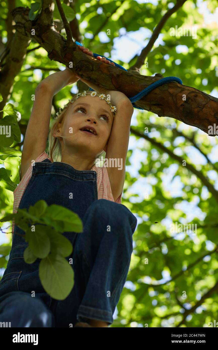 Girl wearing daisy flower wreath climbing in a tree Stock Photo
