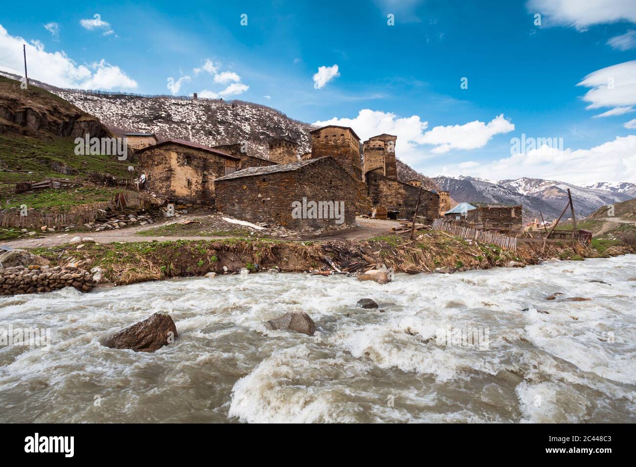 Georgia, Svaneti, Ushguli, Medieval village on bank of Enguri River Stock Photo