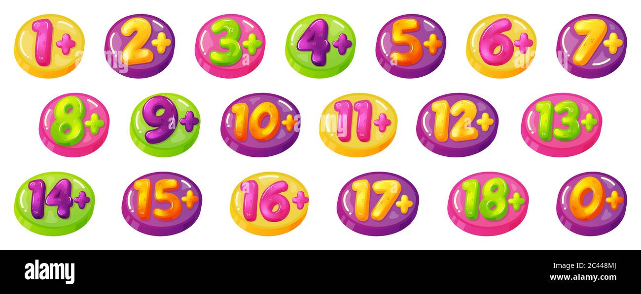 Kids age restrictions. Childrens age limit signs, figures game or movie