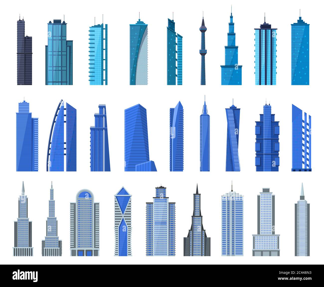 City buildings. Modern office building exterior, business city skyscrapers, architecture cityscape tall houses vector illustration icons set Stock Vector