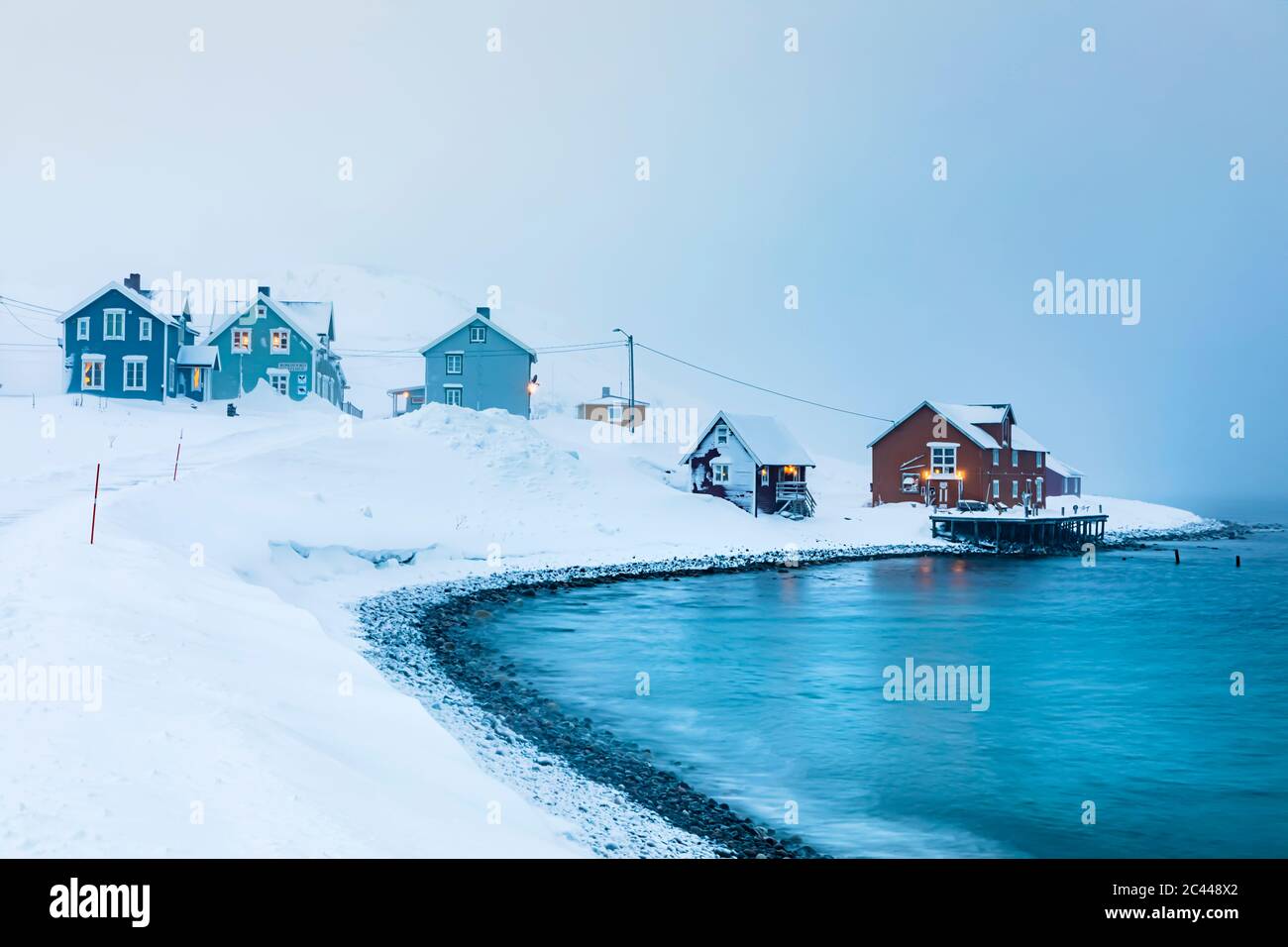Fishing settlement in winter, Kongsfjord, Berlevag, Norway Stock Photo